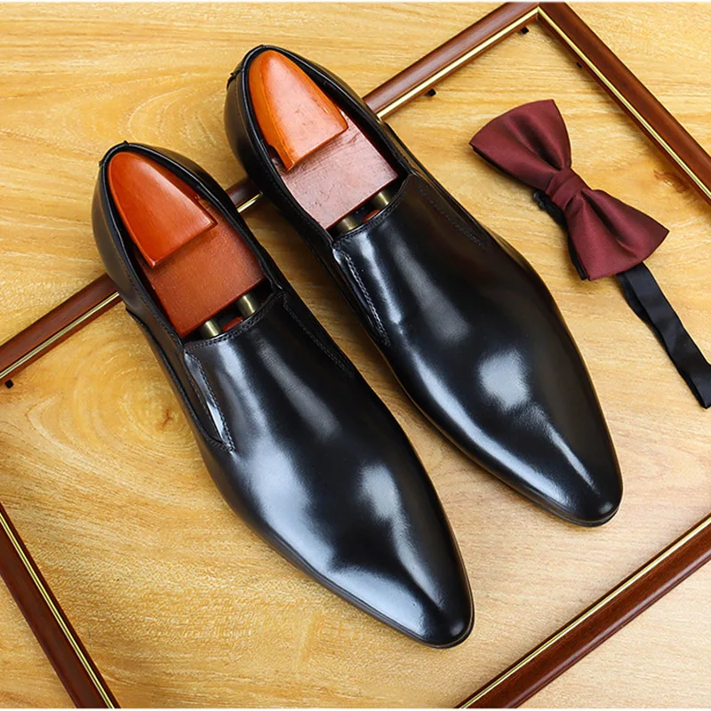

Classic Pointed Toe Business Men's Dress Shoes Genuine Leather Formal Wedding Shoes Slip On Office Oxford Shoes For Men A42