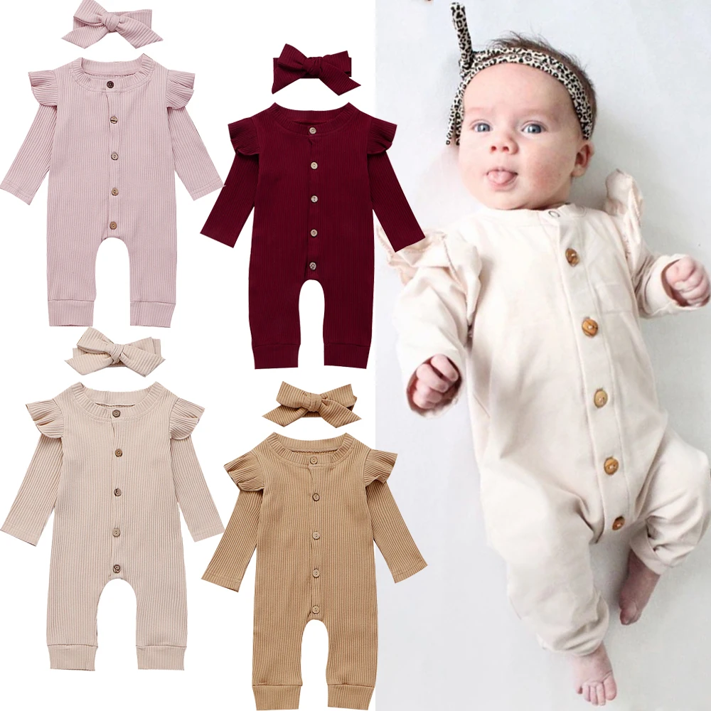 Newborn Baby Romper Girl Autumn Clothes Long Sleeve Knitted Cotton Button Ruffle Jumpsuit Headband Warm Outfits 0-24M |