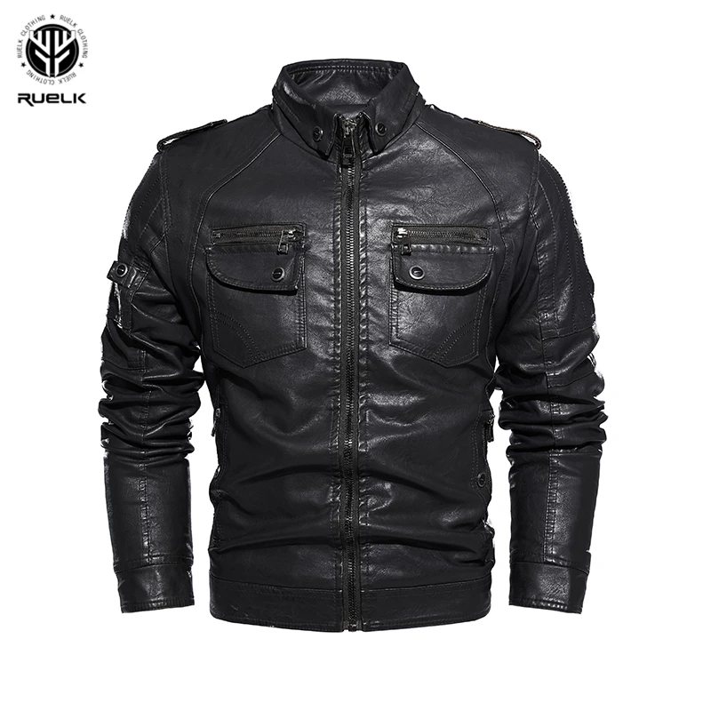 Мужская куртка из искусственной кожи RUELK Классическая однотонная с эффектом