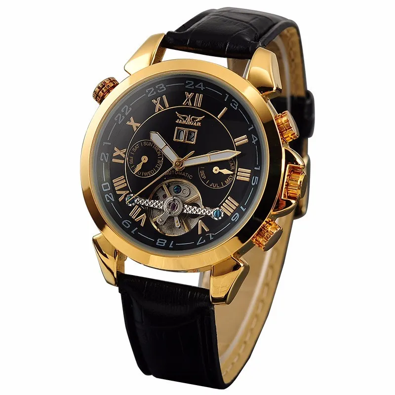 Gold Case Black Dial Модные JARAGAR, мужские Брендовые Часы, дата, кожа, Tourbillon, маховик, авто механические мужские часы, наручные часы, подарочная коробка - Цвет: Gold Case Black Dial
