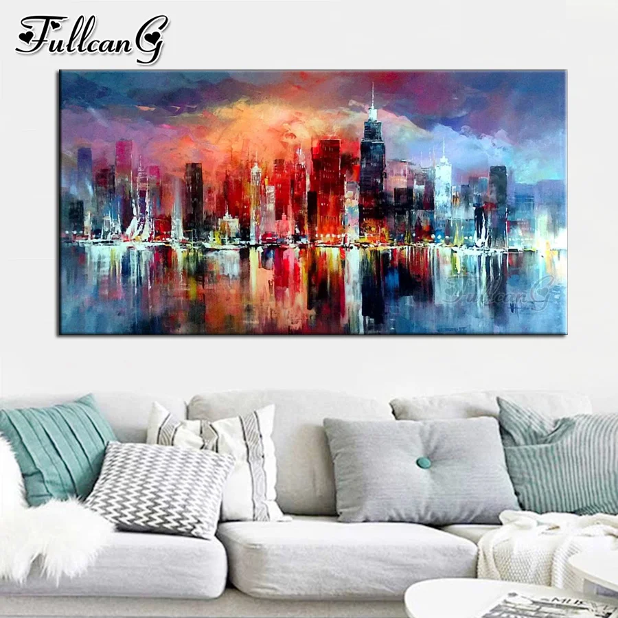 

Алмазная картина FULLCANG с абстрактными городскими зданиями, 5d, вышивка крестиком, квадратные круглые стразы, наборы для вышивки, FG0043