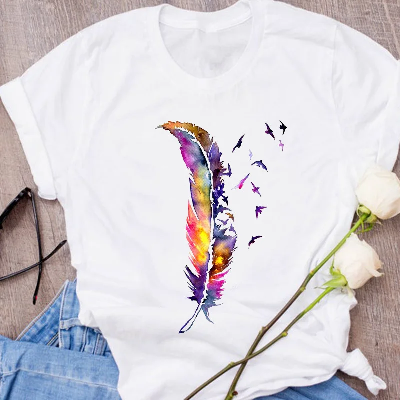 

Tshirt Women Feather art T Shirt Women Punk Kawaii Korean Style Tumblr Vintage Short Sleeve Plus Size Cotton Streetwear Clothes