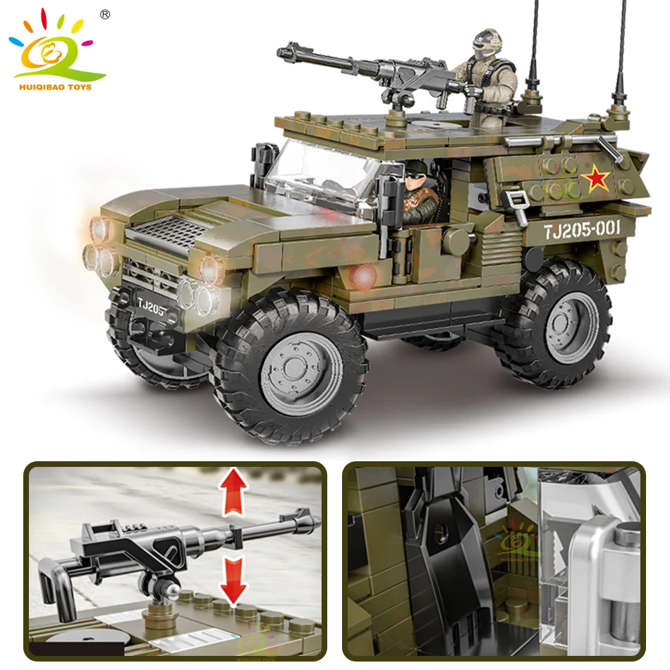 

HUIQIBAO Military Model Building Blocks 405pcs WW2 Armored Car Vehicle with 2 Soldier Army Weapon Truck Bricks Toys For Children
