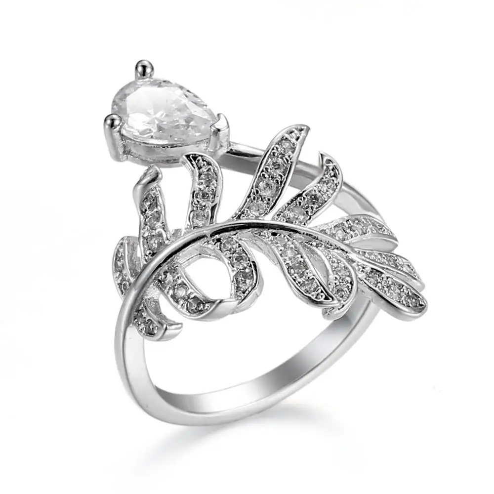 

Water drop CZ Rings Silver color Olive Leaf Shape Rings for Women boho Open Stackable adjustable gemstone finger rings Jewelry
