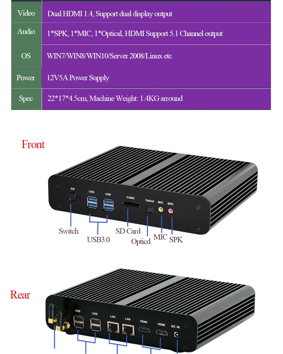 Причастником B2 Мини ПК i7 Barebone HTPC Nuc Безвентиляторный Компьютер Broadwell 5Gen Core i7 5500U/5550u Wifi