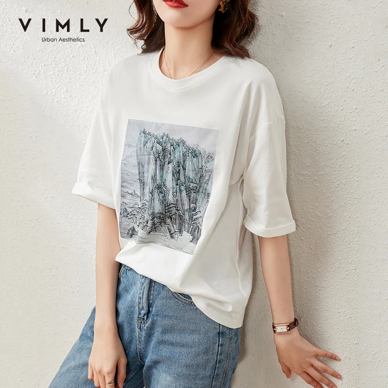 

VIMLY Tshirt For Women Fashion Round Neck Printed Pullovers Casual Half Sleeve Loose T shirt Female Cotton Tops F6268