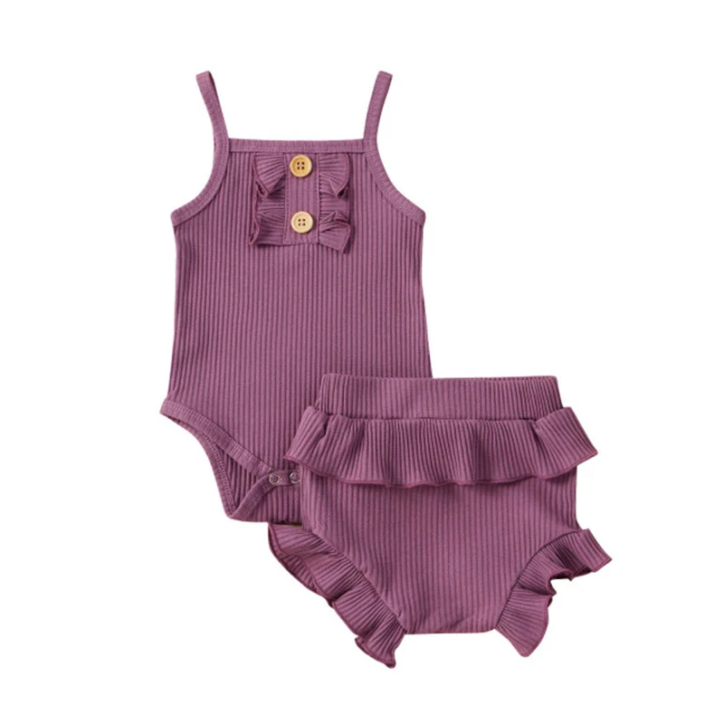 

Newborn Baby Girl Sleeveless Solid Romper +Ruffle Shorts Outfit Set Newborn Baby Fly Sleeve Solid Clothes Suits For 6-24 Months