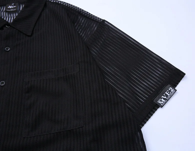 

New Men's Streetwear Hip Hop 2 Pieces Splice Breathable Mesh Stripe Short Sleeve Shirt Male Harajuku Loose Shirts Man