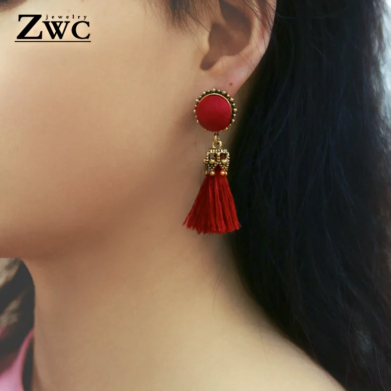 

ZWC Small Tassel Earrings for Women Fashion Jewelry Bohemian Ball Statement Vintage Fringed Tiny Drop Earring Female Jewellery