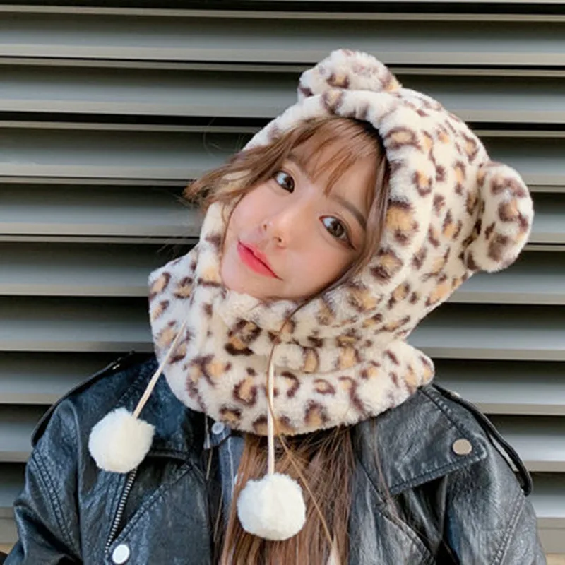 Cycling Helmet, Lady, Autumn And Winter, Sweet And Lovely Winter, Woolen Hat, Scarf, Korean Version, Leopard Hat.