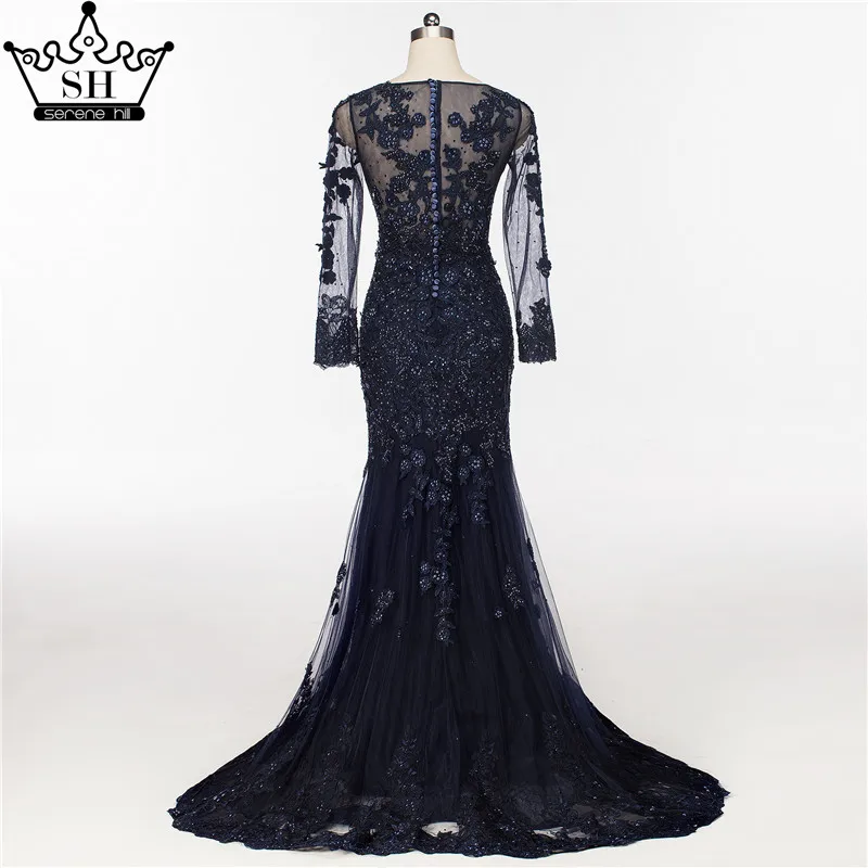 Темно-синие вечерние платья из тюля с длинными рукавами и русалочкой элегантное
