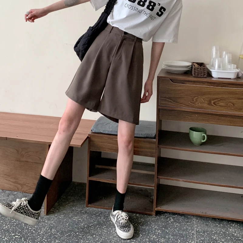 

ZAWAHIKI Korean Summer Vintage Simplicity Shorts for Women High Waist Loose Straight Wide Leg Pants Casual Solid Shorts