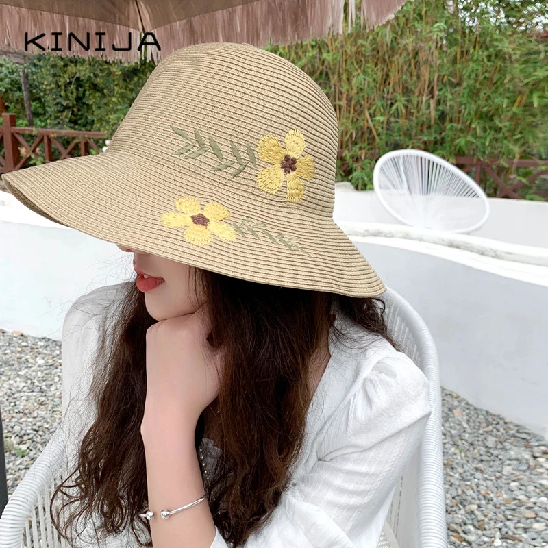 Женская соломенная шляпа с цветочной вышивкой Пляжная складная от солнца УФ