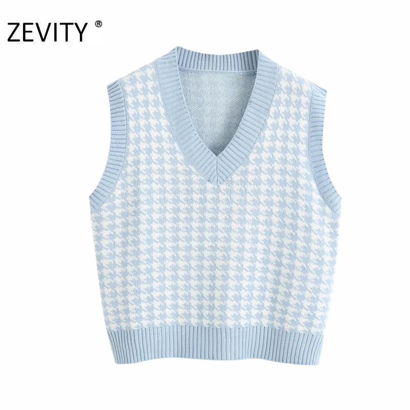 

ZEVITY New Women fashion v neck houndstooth plaid patchwork vest jacket office ladies sleeveless casual slim waistCoat tops S378