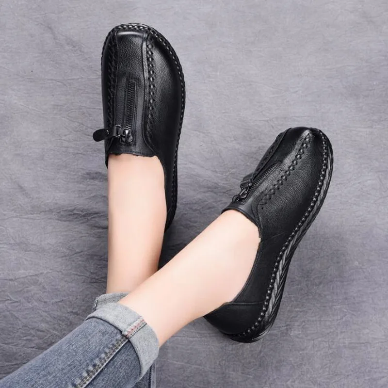 New Spring Ladies Genuine Leather Handmade Shoes Women Slip On Hand-sewed Flat Shoes Women 2020 Summer Soft Loafers Flats