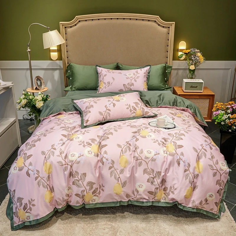 

TUTUBIRD Luxury Egyptian cotton European bedclothes bed linen leaf print pastoral style satin duvet cover king queen bedspread