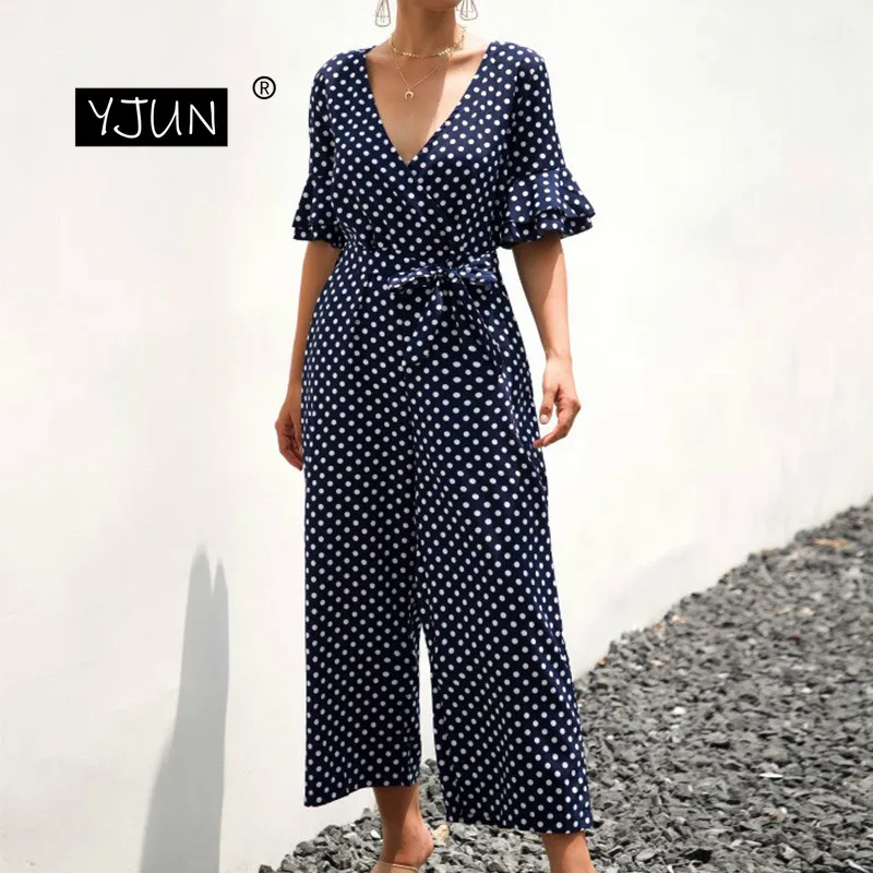 Summer Jumpsuit Polka Dot Casual Long Pants Ruffle Short Sleeve Vintage Boho Fashion Beach Overalls Women Rompers | Женская одежда