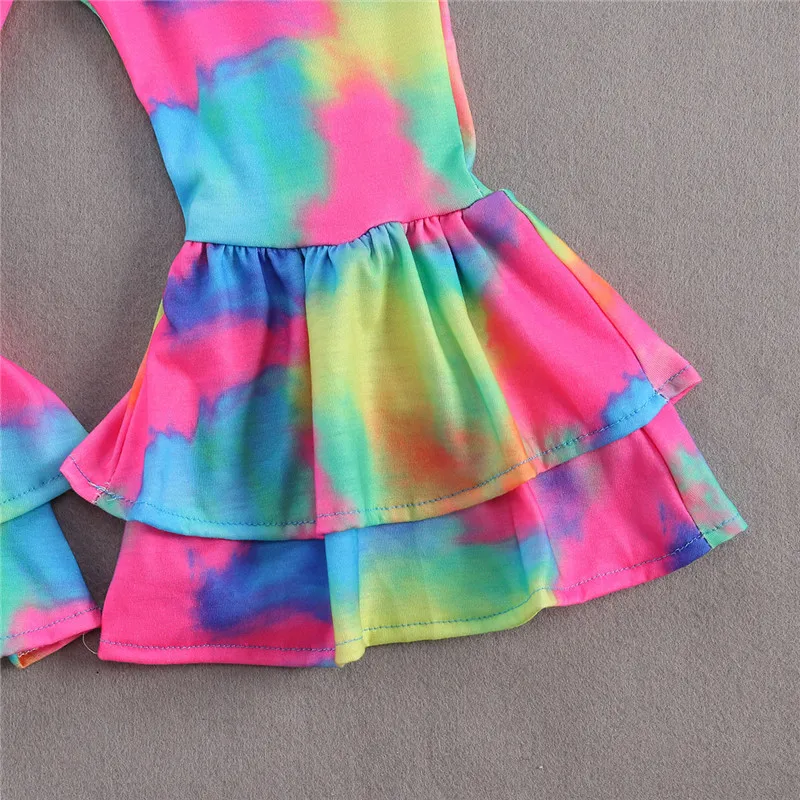 

2021 Fashion Kids Baby Girls Romper Colorful Tie-dye Print Overalls Summer New Bandage Backless Jumpsuit Flare Pants Outfit 1-6Y