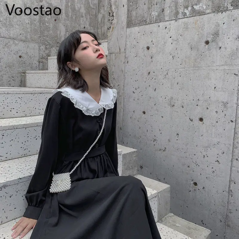 Осеннее женское темное платье модное элегантное в стиле преппи с длинным рукавом