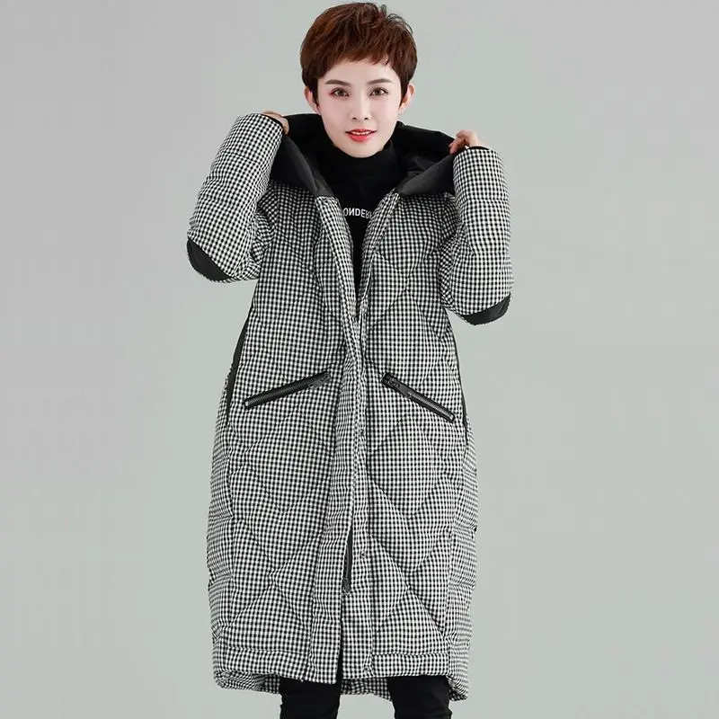 

Women 2021 Winter Plaid Cotton Padded Parkas Female Hooded Mid-Long Loose Coat Ladies Thicked Warm Casual Fsahion Outerwear B117