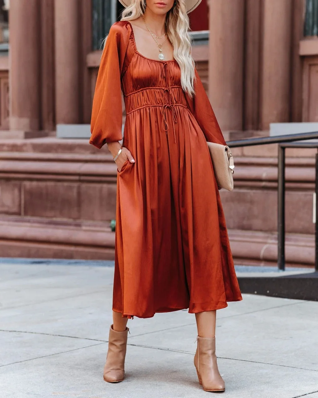 

Plus Size Women Dress Autumn Full Sleeve Lace up Solid Orange Sexy Female Elegant Party Long Dress Mid Calf Deep Square Collar
