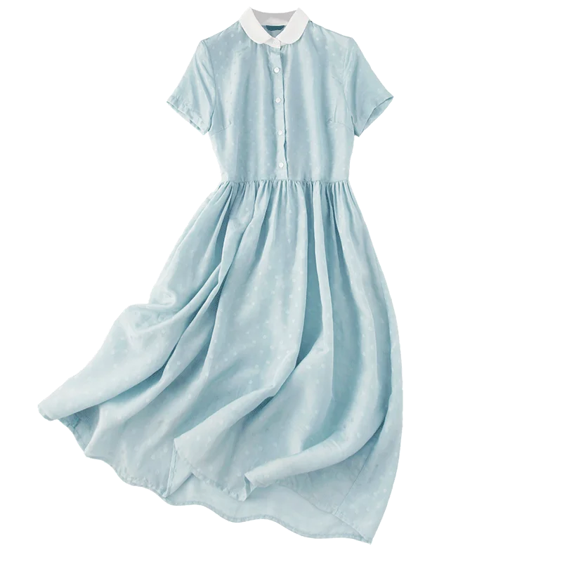 

New Leisure collar dress Women Summer loose jacquard silk dress