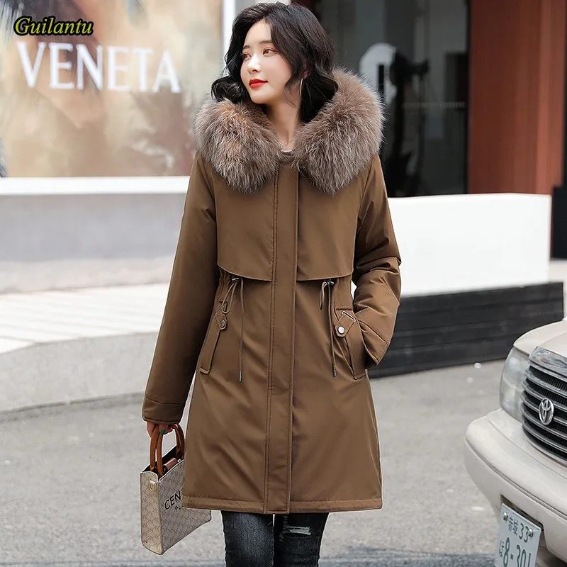 

Guilantu, толстая хлопковая подкладка, длинная стеганая парка, женская одежда 2021, зимняя куртка для женщин, плюс размер, тонкая Меховая куртка с ...