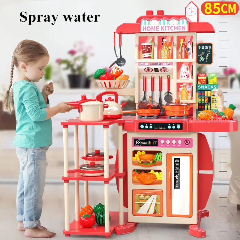 

85cm Large Children's Play House Kitchen Kitchenware Set Spray Kitchen Girl Baby Mini Food Cooking Toys Simulation Dining Table