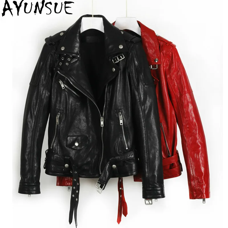 

AYUNAUE Genuine Leather Coat 100% Real Sheepskin Women Jacket Spring and Autumn Style of Moto&Biker Slim Pluse Sized 16-03 PWX41