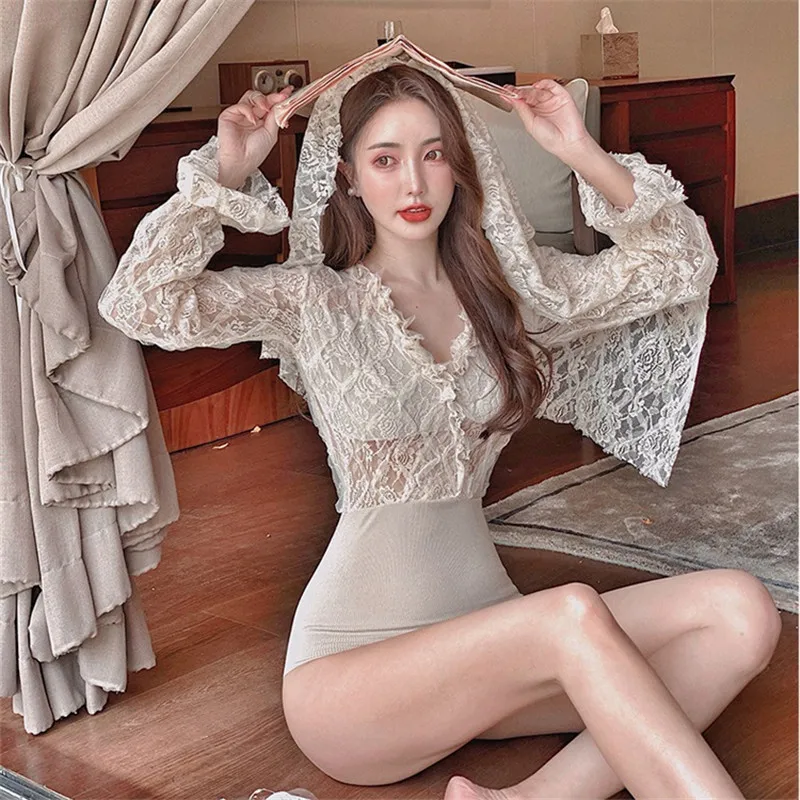 Korea One Piece Swimsuit 2020 Long Sleeve Deep V Backless Lace Swimwear Women Bodysuits Vintage Retro Bathing Suits Beach Wear | Спорт и