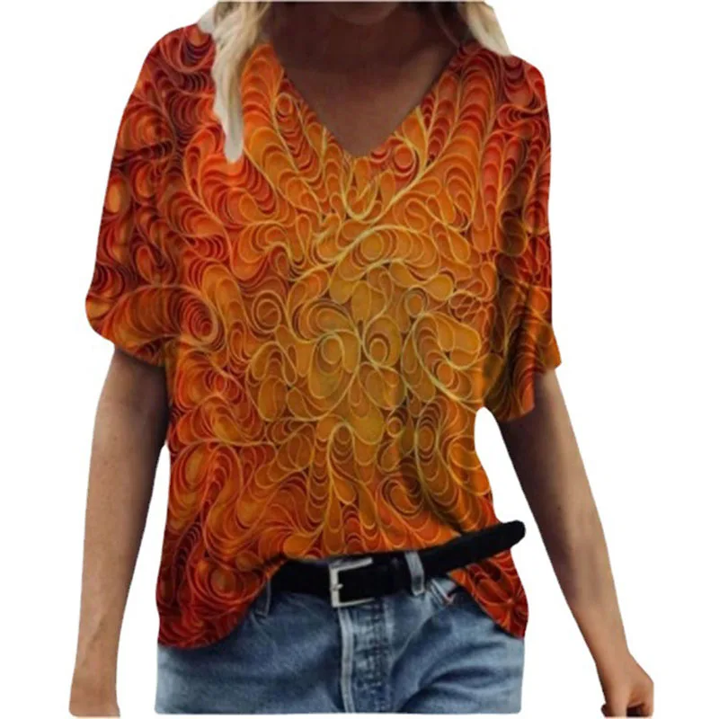

Summer Women V-Neck Shirts Printed Short Sleeves Casual Fashion Tops Plus Size Loose Ladies T-Shirts