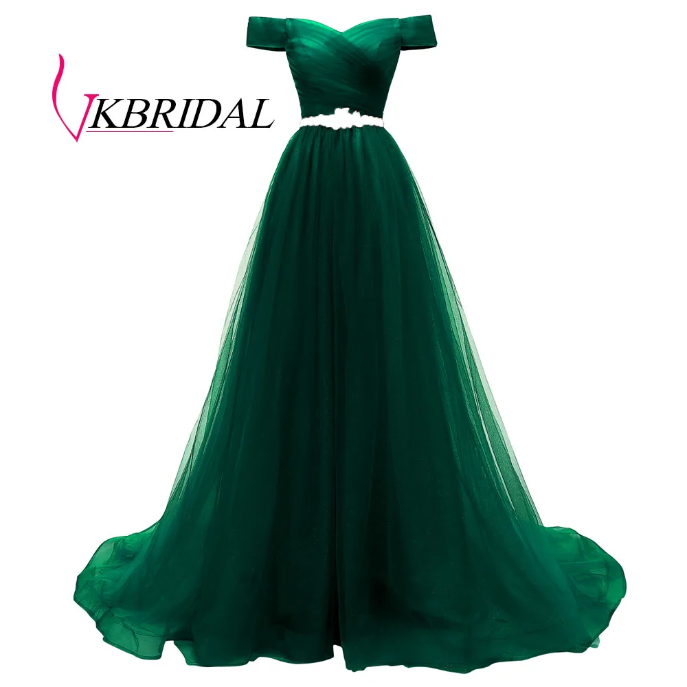 Зеленый VKBRIDAL, Красное длинное вечернее платье с открытыми плечами и поясом, расшитое бисером, винтажные платья для выпускного вечера, vestido de festa, недорогое вечернее платье со шнуровкой на спине - Цвет: Зеленый