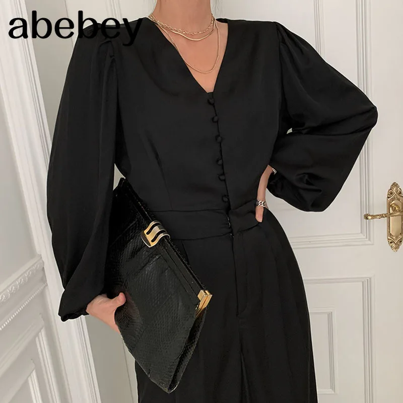 

Work Style Office Lady Temperament 2 Colors Jumpsuits V Neck Puff Long Sleeve Loose Playsuit Slim Waist Pocket Bodysuits Spring