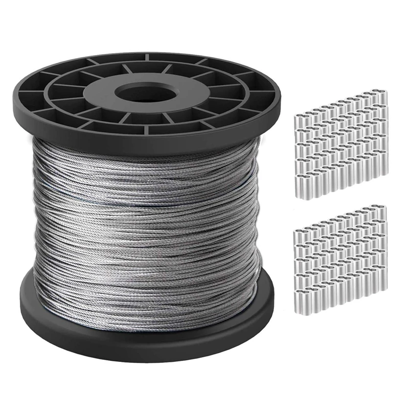 

100M Length 1/16 Wire Cable, 7X7 Strand Core, 368Lbs/167Kg Breaking Strength with 100 Pcs Crimping Clamps Loop Sleeve