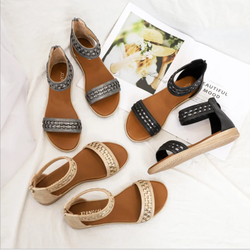 

Bohemia Retro Women's Casual Sandals VIVAIA Summer 2021 New Woven Belt Ladies Black Zipper Open Toe Roman Flat Sandals