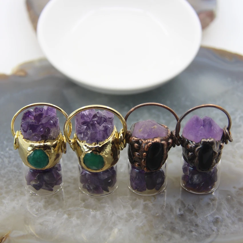 

Natural Amethysts Druzy Reiki Energy Perfume Bottle Healing Purple Quartz Crystal Pendants Charms Necklace DIY Jewelry Gifts