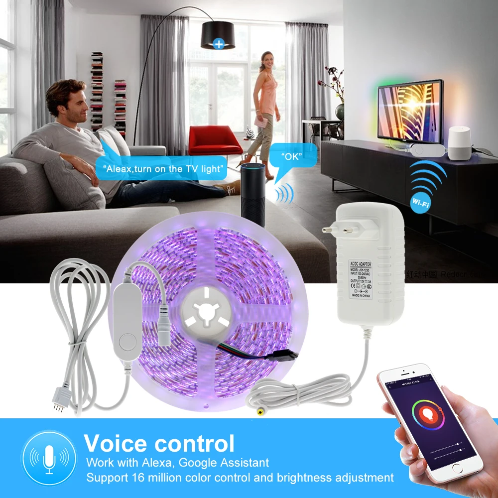 Умная Светодиодная лента Tuya Wi Fi RGB совместима с Amazon Alexa и Google Home управление