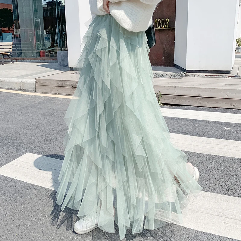 

PADEGAO Women Irregular Fashion Elastic High Waist Mesh Tutu Skirt Pleated Long Skirts Midi Skirt Saias Faldas Jupe PDG1136