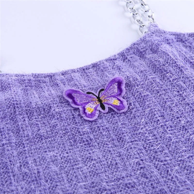 

Sexy Women Fashion Summer Chain Sling Fur Type Purple Casual Butterfly Tank Crop Tops Vest Sleeveless Short Tee Shirt S-L
