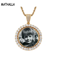 mathalla custom photo rotating double sided medallions round pendant necklace hiphop iced out cz picture frame pendant homme