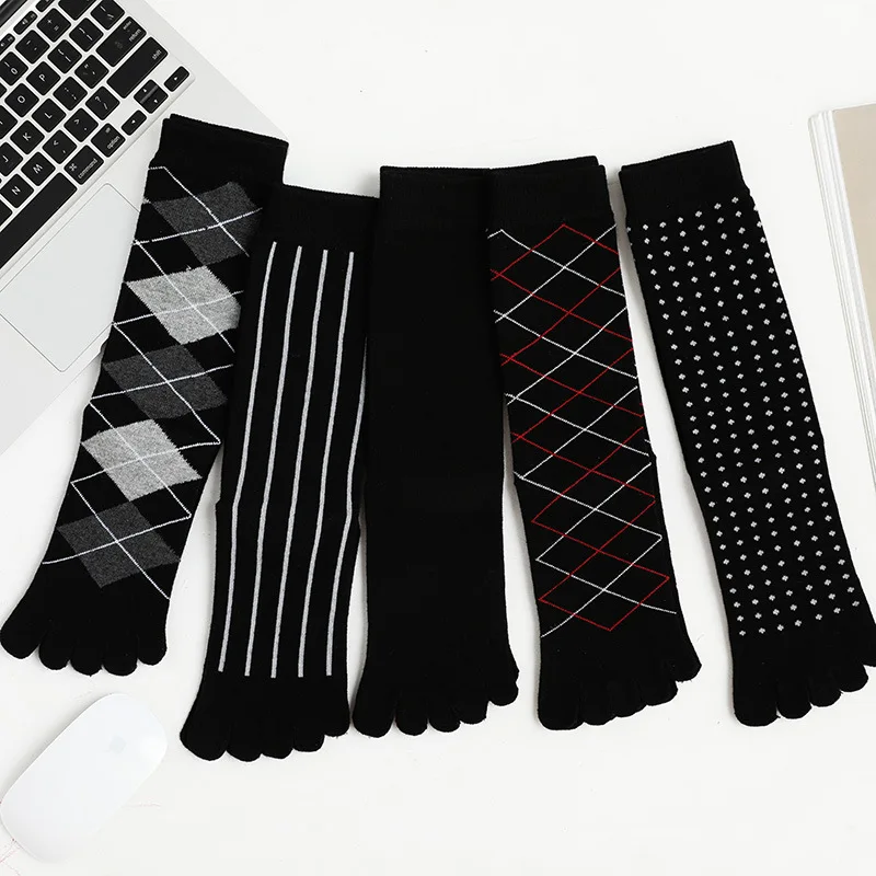 5 Pairs Men's Mid-Calf Socks with Toes Classic Black Striped Plaid Five Fingers Socks Elastic Quality Cotton Business Long Socks
