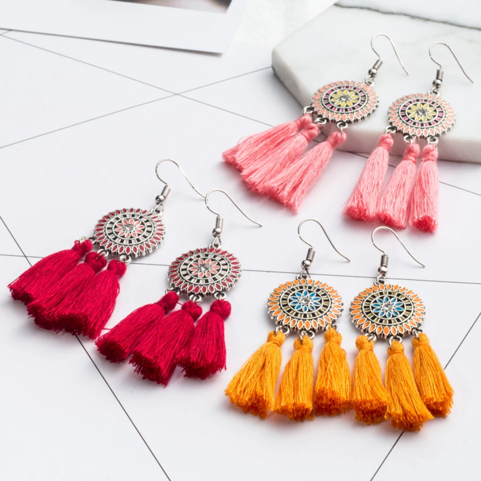 Этнические серьги для женщин длинные тканевые с кисточками в виде Ловец снов