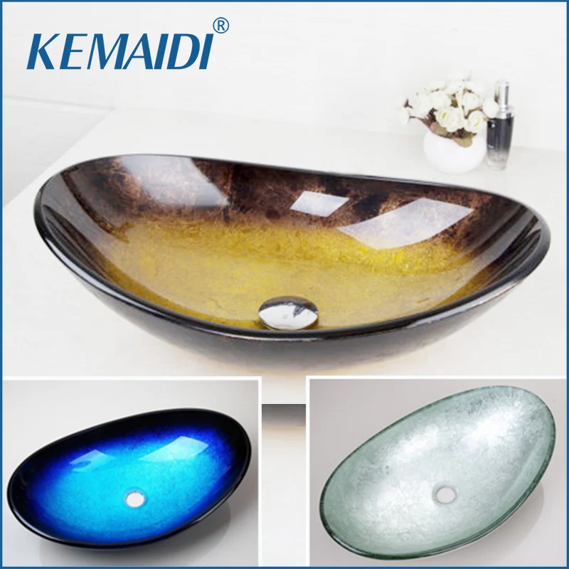 

KEMAIDI Yellow Tempered Glass Hand Painted Waterfall Spout Basin Black Bathroom Sink Washbasin With Overflew Pop Drain