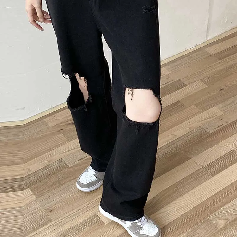 

Korean Style Vintage Gothic Personality Black Hole Denim Jeans Washed Jeans Loose High Waist Straight Wide Leg Mopping Pant 2021