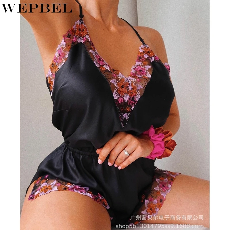 

WEPBEL Pajamas Playsuits Women's Lace Embroidery Stitching Playsuits Summer V-neck Spaghetti Strap Straight Split Playsuits