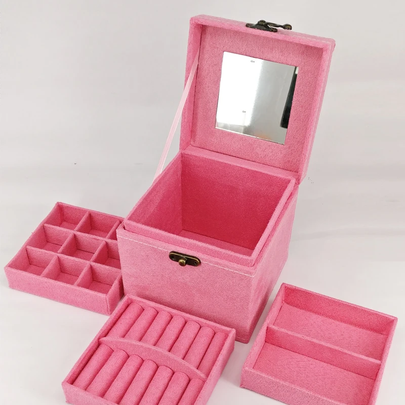 

Retro Flannel Jewelry Storage Box European Princess Style 3 Layers Creative Stud Earrings Gift Collection Wooden Organizer Boxes
