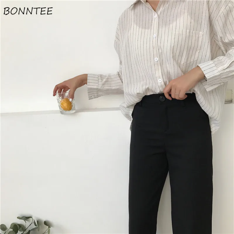 

Pants Women Solid Loose High Waist Casual Long Trousers Trendy All-match Pockets Womens Korean Style Soft Simple Students Autumn