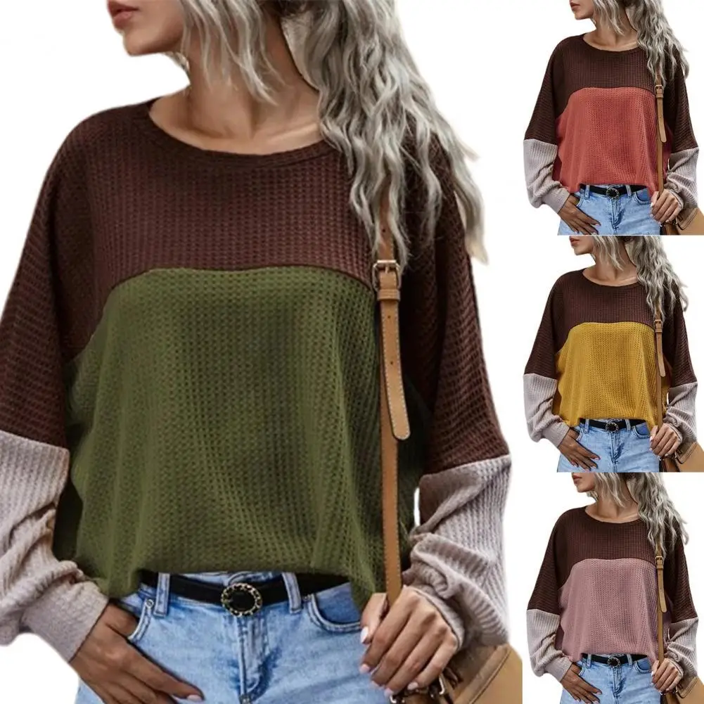 

Women Blouse Color Block Waffle Autumn Round Neck Long Sleeve T-shirt Streetwear Women Blouse Long Sleeve T-shirt