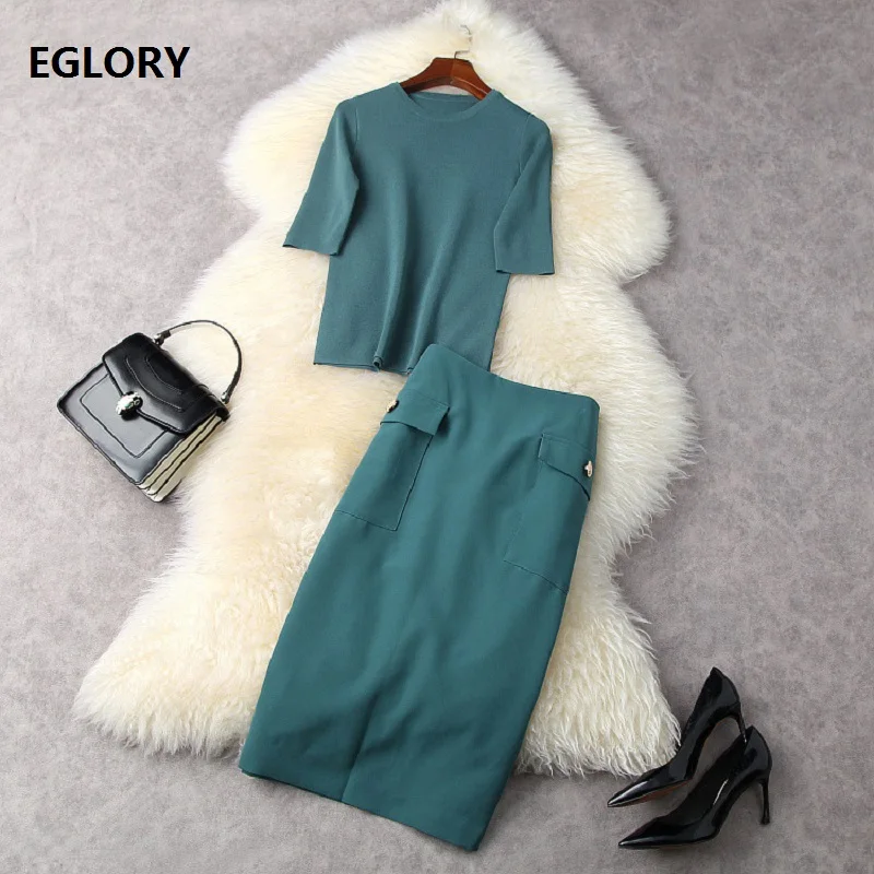 

High Quality Sweater Suits 2021 Spring Summer Skirt Set Woman Knitted Green Pullovers+Buttons Deco High Waist Midi Pencil Skirt