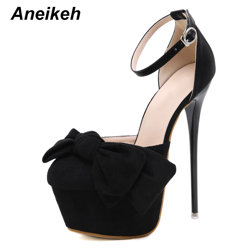 Black Aneikeh пикантные туфли-лодочки; женские Фетиш-туфли на очень высоком каблуке; женские туфли-лодочки на платформе с пряжкой и бантом для стриптиза; обувь для вечеринок на тонком каблуке - Цвет: Black